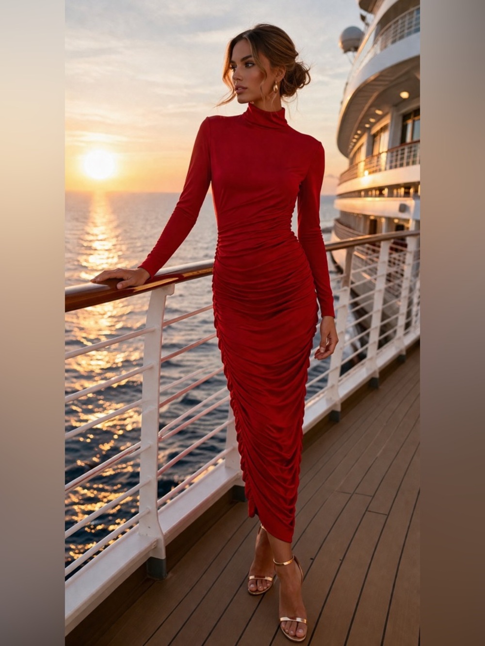 NWT OYS Red Ruched Midi Dress Large | Luxe Bodycon Mock Neck Cruise Chic Glam